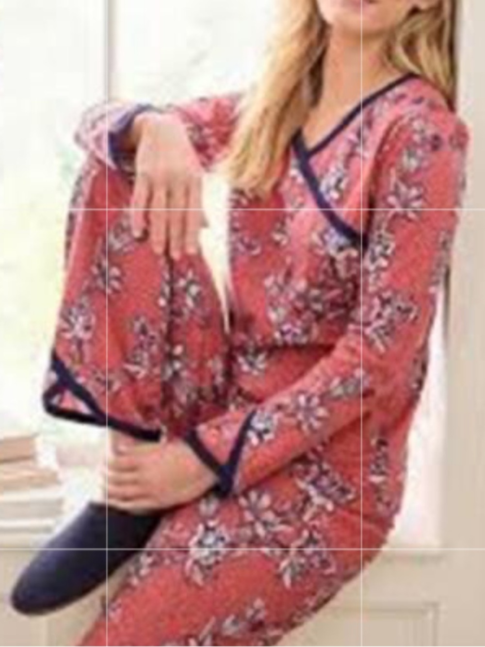 Garnet Hill Asian Wrap Full Length Organic Cotton 2 PC Floral Pajama Set ~ SMALL